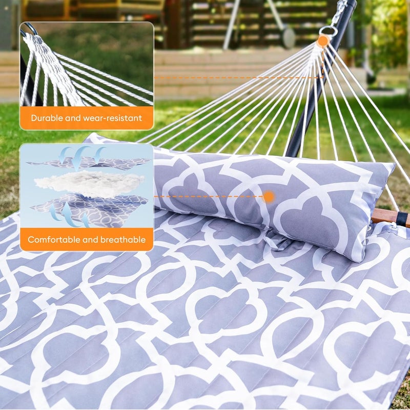 Everyfun Double Hammock with Spreader Bar,Soft Pillow,Max Load 500lbs,Portable Hammock for Outdoor,Camping,and Backyard,White Gray - Image 3